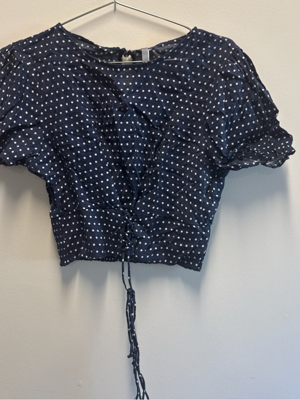 Polka Dot Navy Tie-Front Crop Top